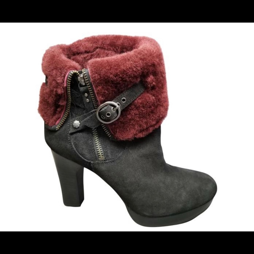 UGG black suede and maroon fur ankle booties